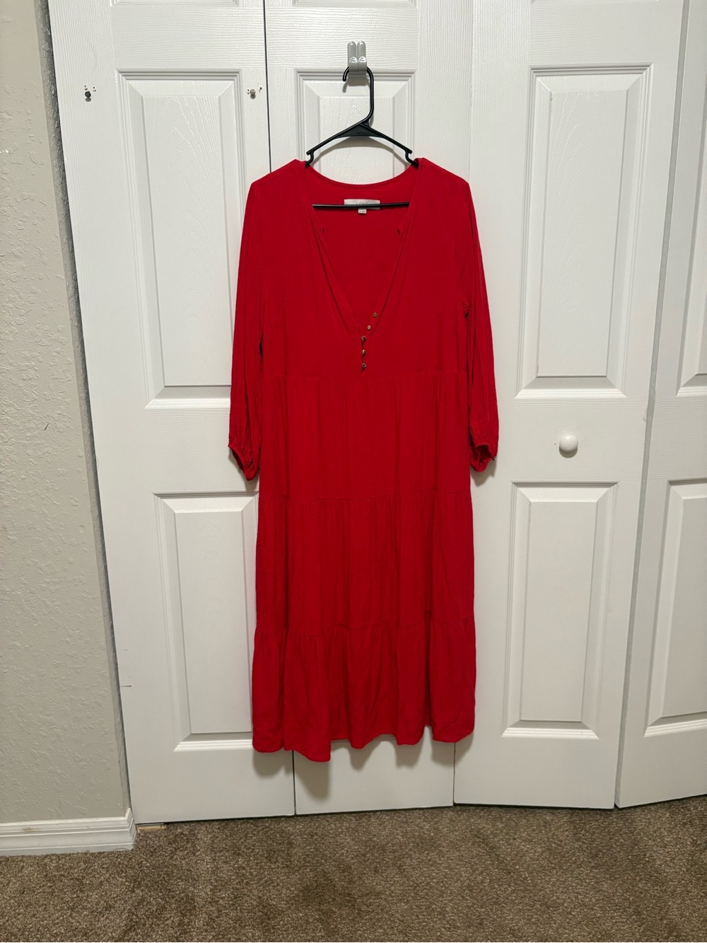 LOFT Red V-Neck Tiered Midi Dress
